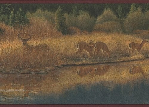 Deer Drinking Water from Forest River Vintage Wallpaper Border Retro Design, Roll 15' x 8