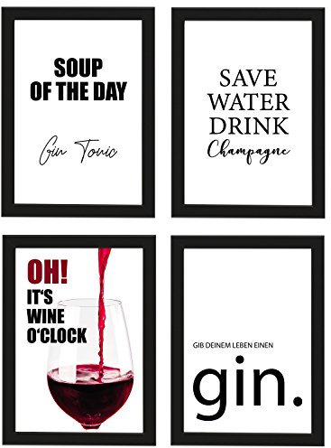Poster 4er-Set Trinken, Schwarz gerahmt DIN A4, Soup of the day Gin Tonic, Save water, drink champagne etc., Poster, Dekoration, Wandbild, Geschenk, Getränke, Gin, Wein (Schwarz gerahmt DIN A4)
