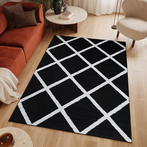 TAPISO Luxury Teppich Kurzflor Schwarz Weiß Modern Marokkanisch Geometrisch Muster Kariert Karo Design Wohnzimmer Schlafzimmer ÖKOTEX 140 x 200 cm