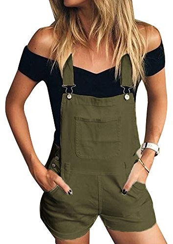 AnyuA Elegante Salopette, Pantaloncini Corta, con Taschini, da Donna, in Denim Verde S