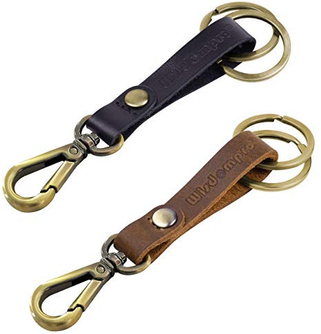 wisdompro 2 Pack Genuine Leather Keychain, Heavy Duty Key Chain with Retro Vintage Bronze Belt Loop Clip and 2 Keyrings for Keys - Black and Brown