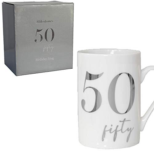 Widdle Gifts Ltd White Bone China Mug with Silver Foil Number - 50th Fifty 50 Birthday
