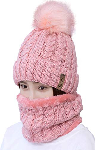 LCZTN Ensemble bonnet avec pompon et écharpe pour femme avec doublure en polaire, rose, taille unique