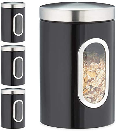 Relaxdays 4 x Vorratsdose, 1,4 L, mit Deckel und Sichtfenster, für Kaffee, Mehl, Pasta, Aufbewahrungsdose Küche, Metall, schwarz