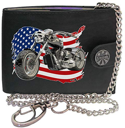 Klassek Motorcycle Chopper American Flag USA Motor Bike Mens Chain Wallet Gift Box Brand Real Black Leather RFID Blocking with Coin Pocket