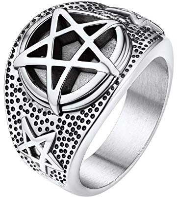 FaithHeart Retro Siegelring für Herren, Edelstahl Pentagramm Ring,Schwarzer Fingerring mit Pentagramm,Goldene Ringe für Weihnachten Geburstag Valentinstag
