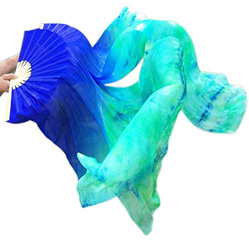 Leemiman Women 1.8 m Long Belly Dance 100% Silk Bamboo Fan Veils 1 Pair(L+R) (Blue tie dyed)