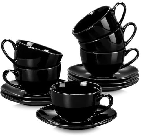 LOVECASA Sweet Coffee Service Porcelain, 12-Piece Coffee Cups with Saucers, Cappuccino Cups for 6 People, 230 ml, Black Colour
