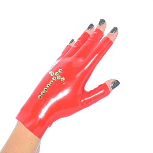 Rubberfashion Latex Gloves Short - Sexy Rubber Gloves Cross - Short Fingerless Gloves to Wrist for Women and Men. red 0.4mm M