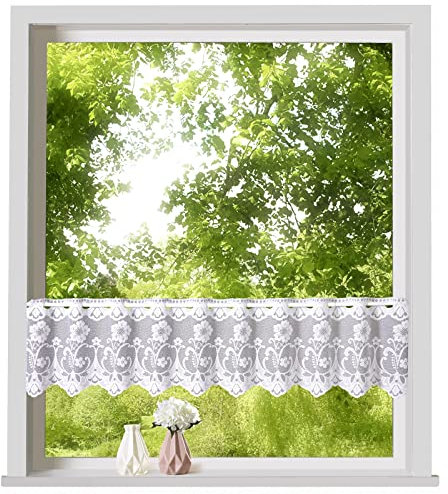 heimtexland ® Scheibengardine Jacquard Blumen Bogen Bordüre Gardine weiß Fensterdekoration Bistrogardine Typ261 HxB 30 x 180 cm