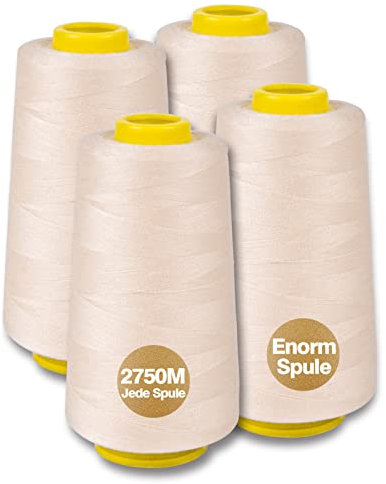 NäHgarn Overlockgarn 100% Polyester Elfenbein NäHgarn Set FüR NäHgarn Faden Garn NäHmaschine 4 NäHgarn Zwirn ReißFest NäHmaschinengarn Thread NäHfaden Overlock Garn 40/2 Je 2745 M, Insgesamt 11000m
