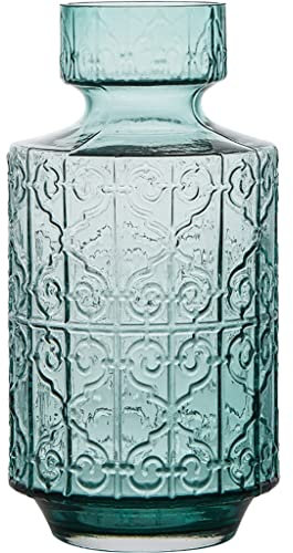DWW Retro Blumenvase Aus Glas Im Barockstil Dekovase Mit 3D-Reliefmuster, Große Tischvase for Blumenarrangements, Grün, for Wohnzimmer-Büro-Dekoration