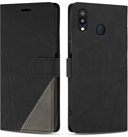 SONWO Hülle für Galaxy M20, Premium PU Leder Handyhülle Flip Case Wallet Lederhülle Silikon Schutzhülle Klapphülle für Galaxy M20, Schwarz