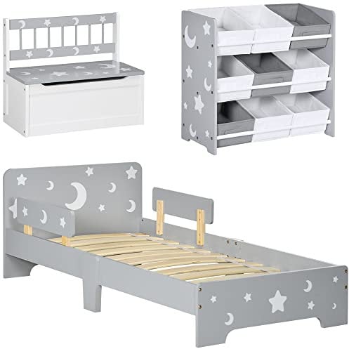 ZONEKIZ 3PCs Kids Furniture Bedroom Set with Bed, Toy Box Bench, Storage Unit with Baskets, Star and Moon Patterns, for 3-6 Years Old Boys Girls, Grey