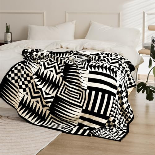 YIRUIO Strickdecke, Überwurf, toll kariert, leicht, ultradünn, schwarz und weiß, reine Baumwolle, gewebt für Bett, Couch, Sofa, Bett, Stuhl, Heimdekoration (grafisches Muster, 129,5 cm L x 160 cm B)