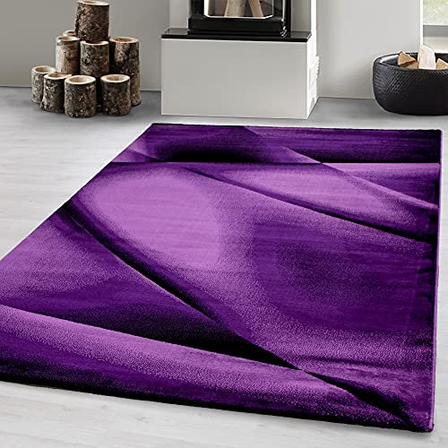 Carpetsale24 Kurzflor Teppich 140x200 cm, Modern Abstrakt Design in Lila Schwarz, Pflegeleicht, ideal für Wohnzimmer, Essbereich oder Jugendzimmer