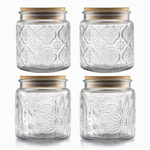 ANSQU Set mit 4 luftdichten Vorratsdosen aus Glas, Vintage-Stil, 400 ml, Vorratsdosen mit Bambusdeckel, Einmachglas für Küchentheke, Speisekammer, Kekse, Kaffee, Tee, Zucker, süße Gläser