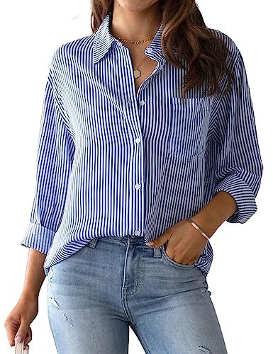 MINTLIMIT Women's Striped Button Down Shirts Long Sleeve Casual Blouse Tops with Pockets for Women 2024 Blue