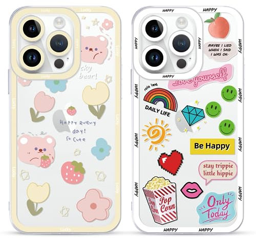 Yoedge 2 piezas Funda para Apple iPhone 14 Pro Transparente 6,1, Carcasa para Teléfono Móvil con Flores Oso Smiley Dibujos Niñas Aesthetic Cover, Soft Cristal Caja de Silicona para iPhone 14 Pro Case