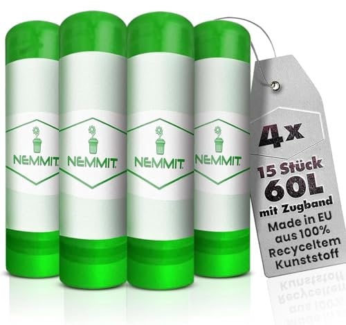 NEMMIT ® Premium Müllbeutel 60L - extradick & tropfsicher 80x65-4er Pack - aus 100% Recycling Material EXTRA Breite Müllsäcke
