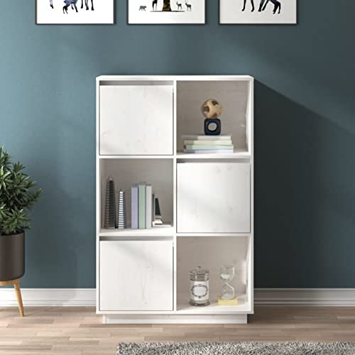 GuyAna Highboard Weiß 74x35x117 cm Massivholz Kiefer Massivholz Buffetschrank Wohnzimmer Vitrinenschrank Vintage