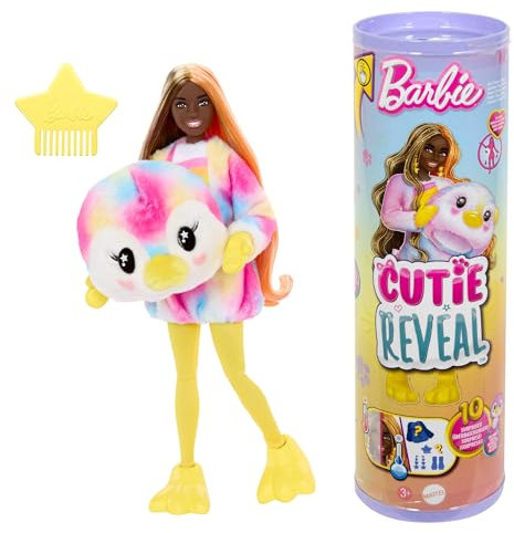 Barbie Barbie Cutie Reveal Poupée et accessoires avec costume manchot tie-dye en peluche et 10 surprises, dont le changement de couleur, série Rêve Coloré, HRK40