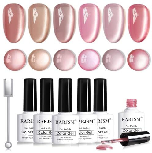RARJSM Nude Pink Ceramic Cat Eye Gel Nail Polish Set 6 Pcs Sheer Rose Purple Brown Nude Natural Pink Red Smoothie Velvet Ice Jelly Gel Polish with Magnetic Stick UV LED Curing Requires Soak Off