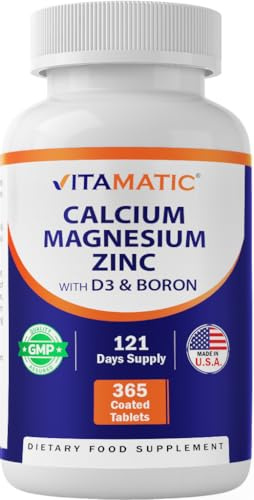 Vitamatic Calcium Magnesium Zinc D3 Boron | 365 Coated Tablets Supplement | Calcium 1200 mg, Magnesium 420mg, Zinc 25mg, Vitamin D3 1000 IU, Boron 1 mg | Non-GMO | Gluten Free | Made in USA