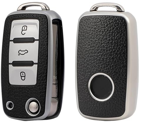 Misuyue VW Schlüsselhülle für Volkswagen Polo, Golf 3/4/5/6, Skoda Passat, Seat, Tiguan - 3 Tasten Schlüsselhülle aus Leder und TPU (Silbrig)