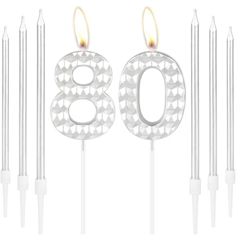 Velas de cumpleaños número 80, decoración plateada para tartas, decoración de fiesta para mujeres, hombres, niñas, niños, celebración de feliz aniversario