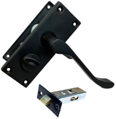 Matt Black Scroll Door Handle Set - Victorian Style Internal & External Lever Door Handles with Backplate (Privacy Bathroom + Tubular Latch)