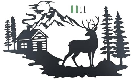 gohantee Metall Elch Wanddekoration,Schwarzer Hirsch Bergwald mit Tannenbäumen Wanddekoration, Schwarze Linie Wandskulpturen für Zuhause Büro Wohnzimmer Gargen Schlafzimmer Dekor Skulptur
