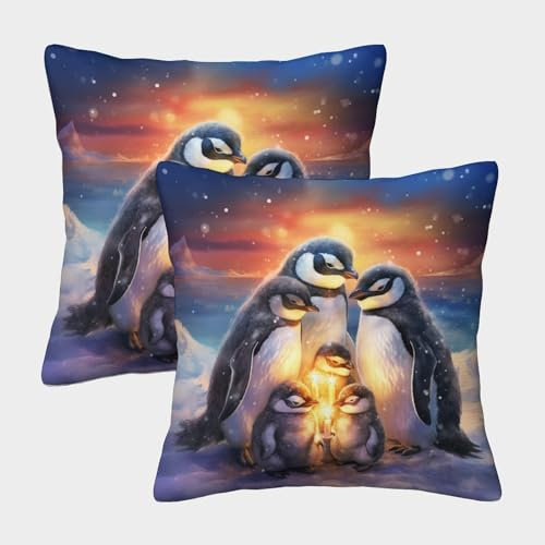 ELANXIAPR Pinguin 2er Pack Dekokissenbezug Quadratisch Superweich Kissenbezüge Atmungsaktiv Sofakissenbezug Tier Für Couch, Sofa, Bett, Auto, Wohnzimmer 45x45cm