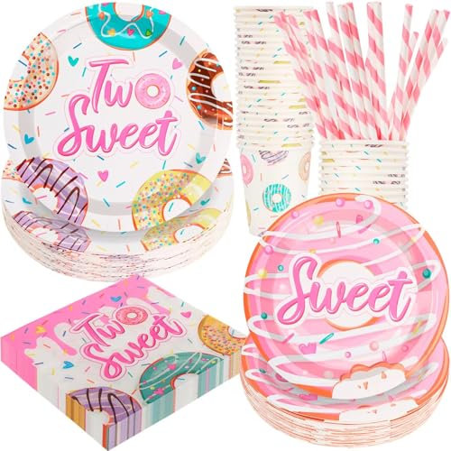 BOIKOKY 120 Pièces Décorations de Fête d'Anniversaire sur le Thème de Deux Doux, Fournitures de Fête sur le Thème de Donut, Vaisselle Jetable | Pour 24