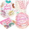 BOIKOKY 120 Pièces Décorations de Fête d'Anniversaire sur le Thème de Deux Doux, Fournitures de Fête sur le Thème de Donut, Vaisselle Jetable | Pour 24