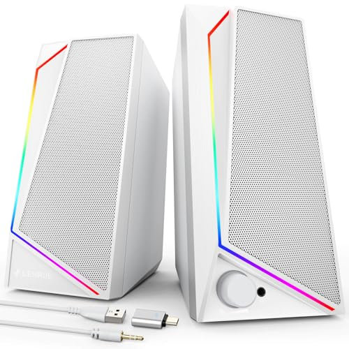 LENRUE PC Speakers, USB Powered Computer Speakers with Loud Stereo Sound, Headphone-in for Desktop, iMac, MacBook, Laptop, Monitor (USB-C Adapter Included) (White)