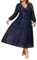 unewmy Plus Size Women V Neck Shiny Maxi Dress Ladies Elegant Long Sleeve Ruffle Swing Evening Cocktail Wedding Formal Party Dresses Ball Gown Navy Blue