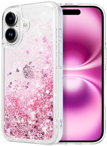WORLDMOM for iPhone 16 Case, Clear Design Bling Flowing Liquid Floating Sparkle Colorful Glitter Waterfall TPU Protective Phone Case, Rose Gold