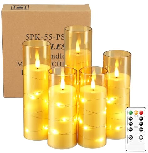 5 LED Kerzen Set mit Fernbedienung Timer Funktion,Flackernden Flammenlose Kerzen mit Lichterkette, Batteriebetriebene Kerzen Eingebettete Lichterkette LED-Kerzen, Heimdekoration(Keine Batterie)