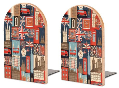 Serre-livres en bois épais, imprimé symboles de l'Angleterre, serre-livres décoratifs créatifs, serre-livres antidérapants, 1 paire, grand format