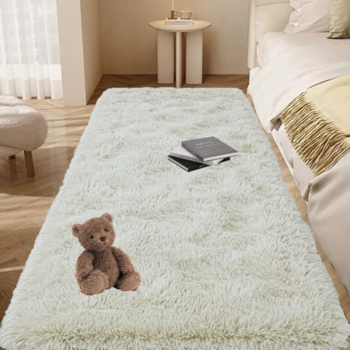 GOUTUI Flauschiger Teppich 80 x 200 cm Anti-Rutsch Unterseite Weicher Fell Carpet Wohnkultur für Stühle Sofa Schlafzimmer Kinderzimmer, Weiß