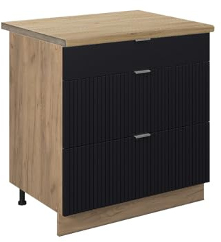 Vicco Küchenunterschrank Fame-Line, Schwarz gestreift, 80 cm | MDF-Front · Arbeitsplatte Eiche · Höhenverst. Füße · Metallgriffe · Metall-Vollauszüge
