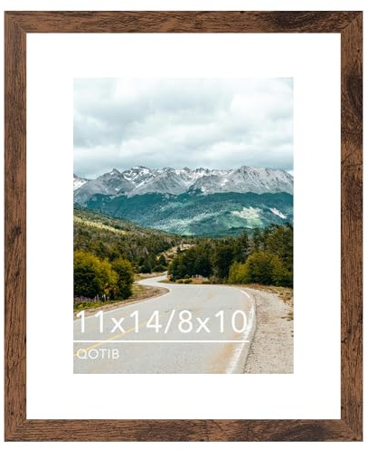 QOTIB 11x14 Picture Frame with 8x10 Mat Deep Brown, Display 8x10 with Mat or 11x14 Without Mat, Wood 11 by 14 Photo Frame, 11 x 14 Frame for Wall Hanging Display, Deep Brown