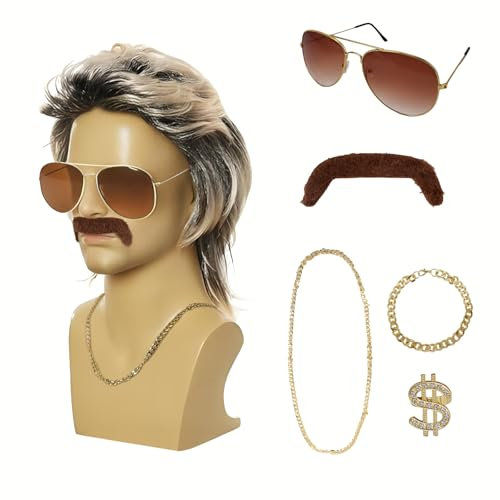 GADITIEK 80er Jahre Outfit Herren 6er Set, Vokuhila Perücke Herren, 80er Jahre Accessoires Männer, 70er 80er 90er Zuhälter Kostüm Disco Party Kleidung