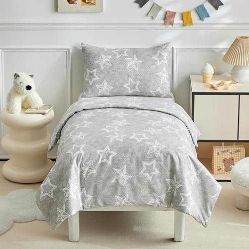 JHCHMX Toddler Duvet Cover and Pillowcase Set,Star Toddler Cot Bed Duvet Cover Set, Reversible Kids Bedding Set For Boys Girls-Star,120 X 150 cm