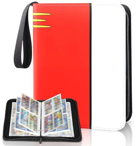 Karten Sammelalbum 4-Pocket, 400 Taschen Hefte für Karten mit 50 Seiten Rot, Sammelkarten Album Mappe Mit Reißverschluss, Sammelheft PU-Material Oberfläche Wasserdich, tolles Geschenk für Kinder