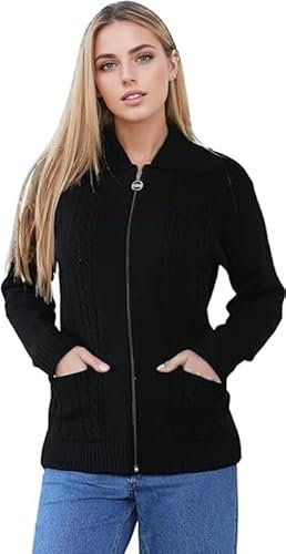 INSAFIANS Women's Cable Knit Zip-Up Cardigan Long Sleeve Chunky Knitwear Collared Neck with Pockets Classic Zipper Jumper Top (Black M-L)