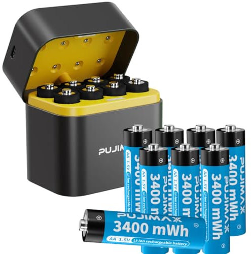 8 Pack Rechargeable Lithium AA Batteries with Charger, 3400mWh High Capacity 1.5V AA Batteries, Long Lasting Rechargeable AA Li-ion Battery with 2 in 1 Charging-Storage Box
