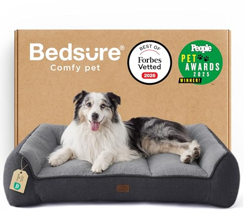 Bedsure SupportMax™ XL Orthopedic Dog Beds Large Sized Dog - Extra Thick Supportive Dogs Couch with Waterproof Washable Cover, Extra Large Comfort Pet Sofa with Soft Sherpa & Nonskid Bottom, Grey, 42
