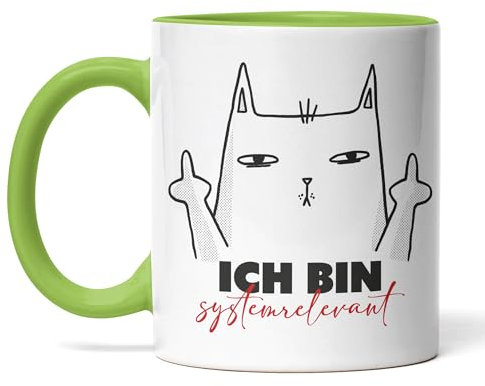Tasse Ich bin systemrelevant – Lustige Statement-Tasse mit Katze & Mittelfinger (Grün)